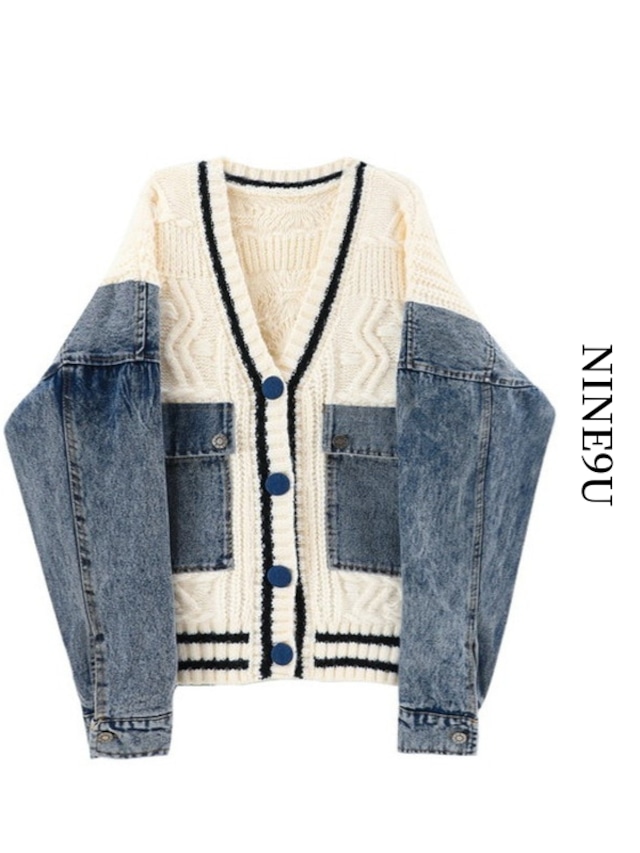 denim&knit patchwork v-neck cardigan【NINE9763】