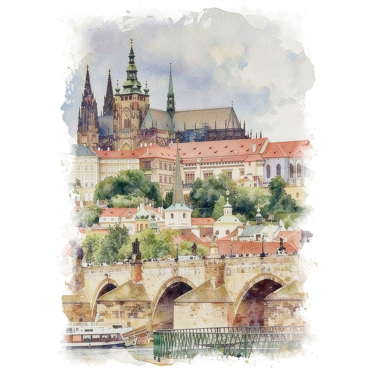 油絵「プラハの橋」原画　M10号 絵画 風景画(街並み) チェコ プラハ城とカレル橋 インテリアアート額