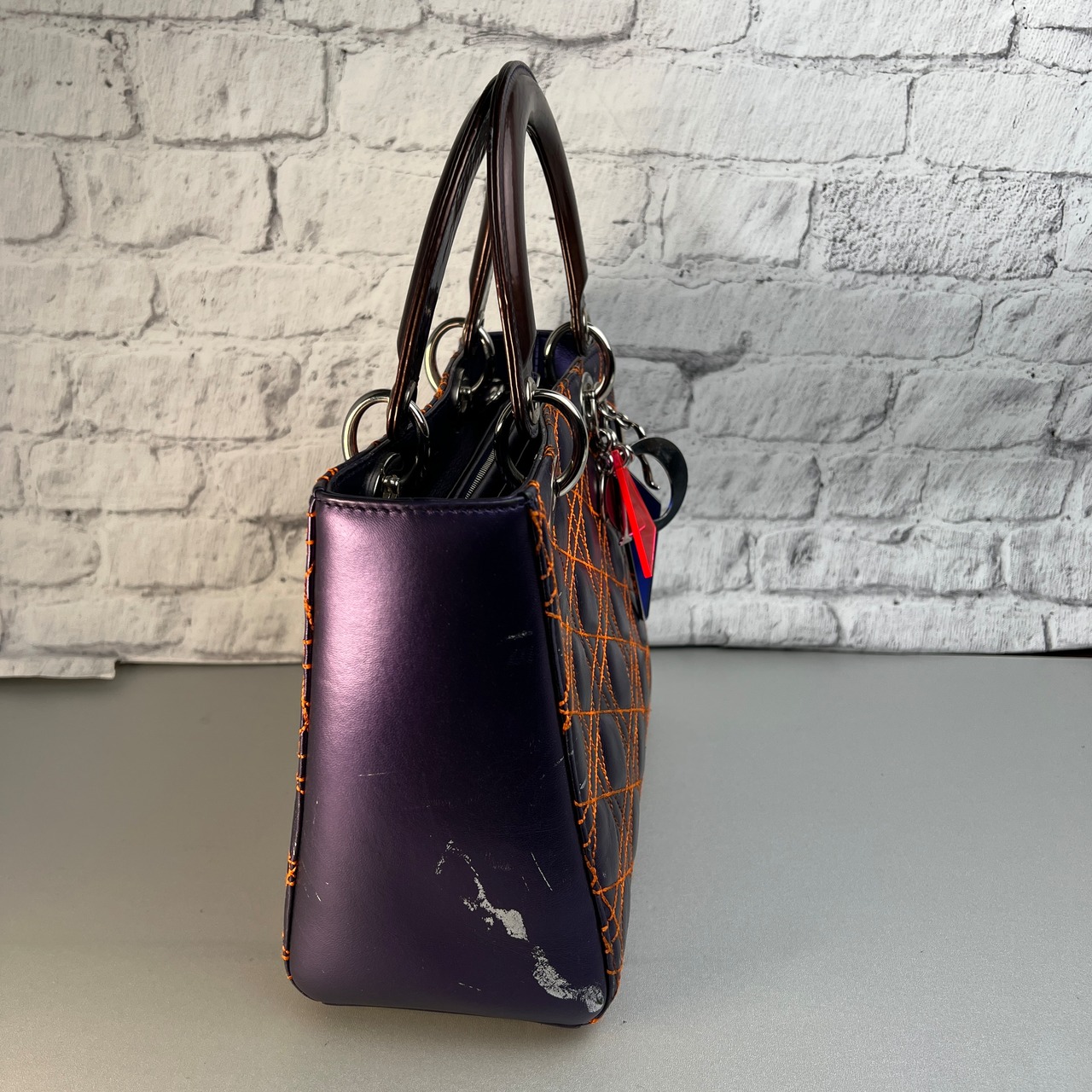 Dior レディディオール２WAYカナージュ レザー ショルダーバッグ パープル A-12112