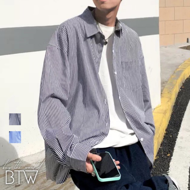 【韓国メンズファッション】BW582  ストライプ 長袖 シャツ カッターシャツ スクエアカラー オーバーサイズ