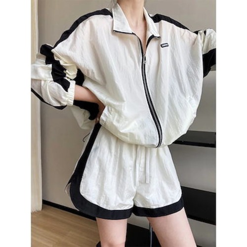 セットアップ レディース 上下セット 2点セット アウター ボトムス ジャケット パンツ 長袖 ショート 夏 レディース スポーツ カジュアル ワイドレッグ ジッパー 2色展開