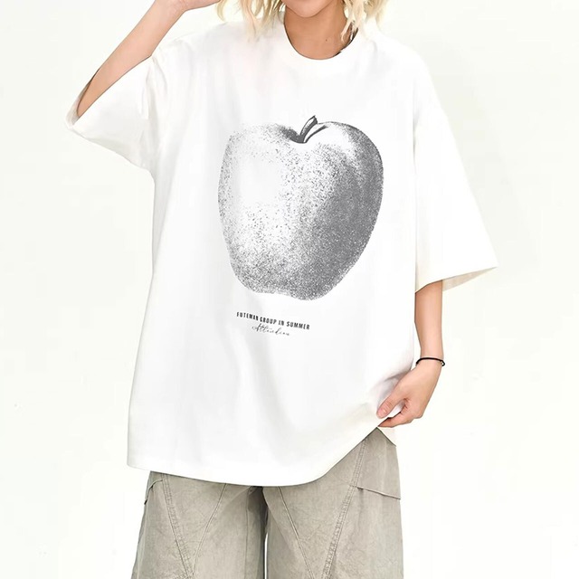 グラデーションアップルプリントルーズラインTシャツ 2col   R02149