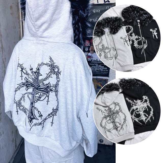 【3/26新着】クロスチェーンプリント ファーZIPパーカー(ショート丈)