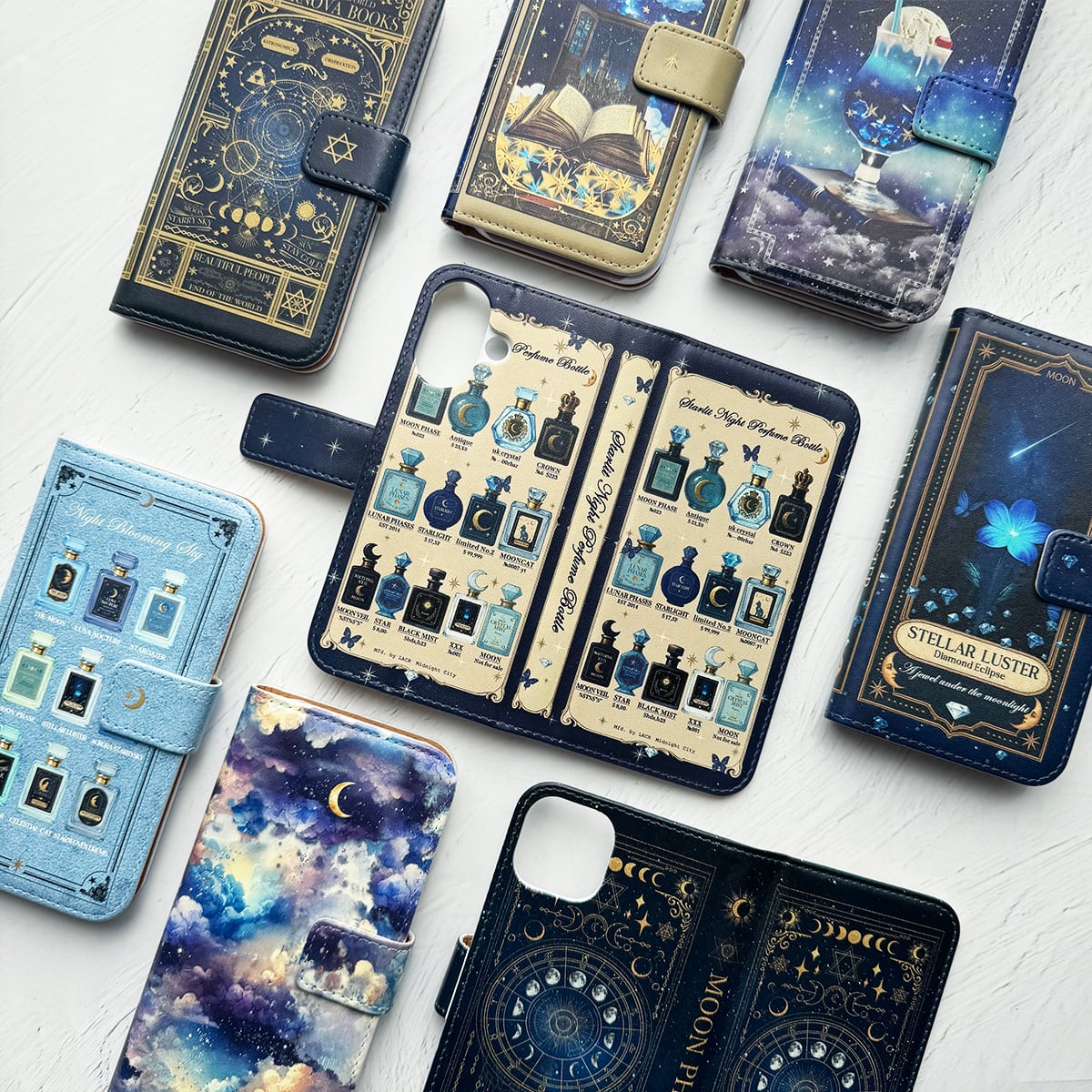 星空香水瓶 オーロラ ラベル柄 スマホケース 手帳型スマホケース