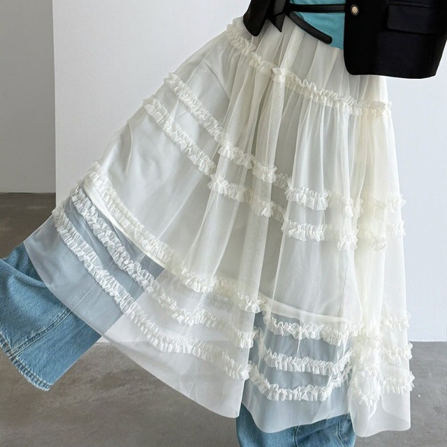 sheer frill long skirt　J00530
