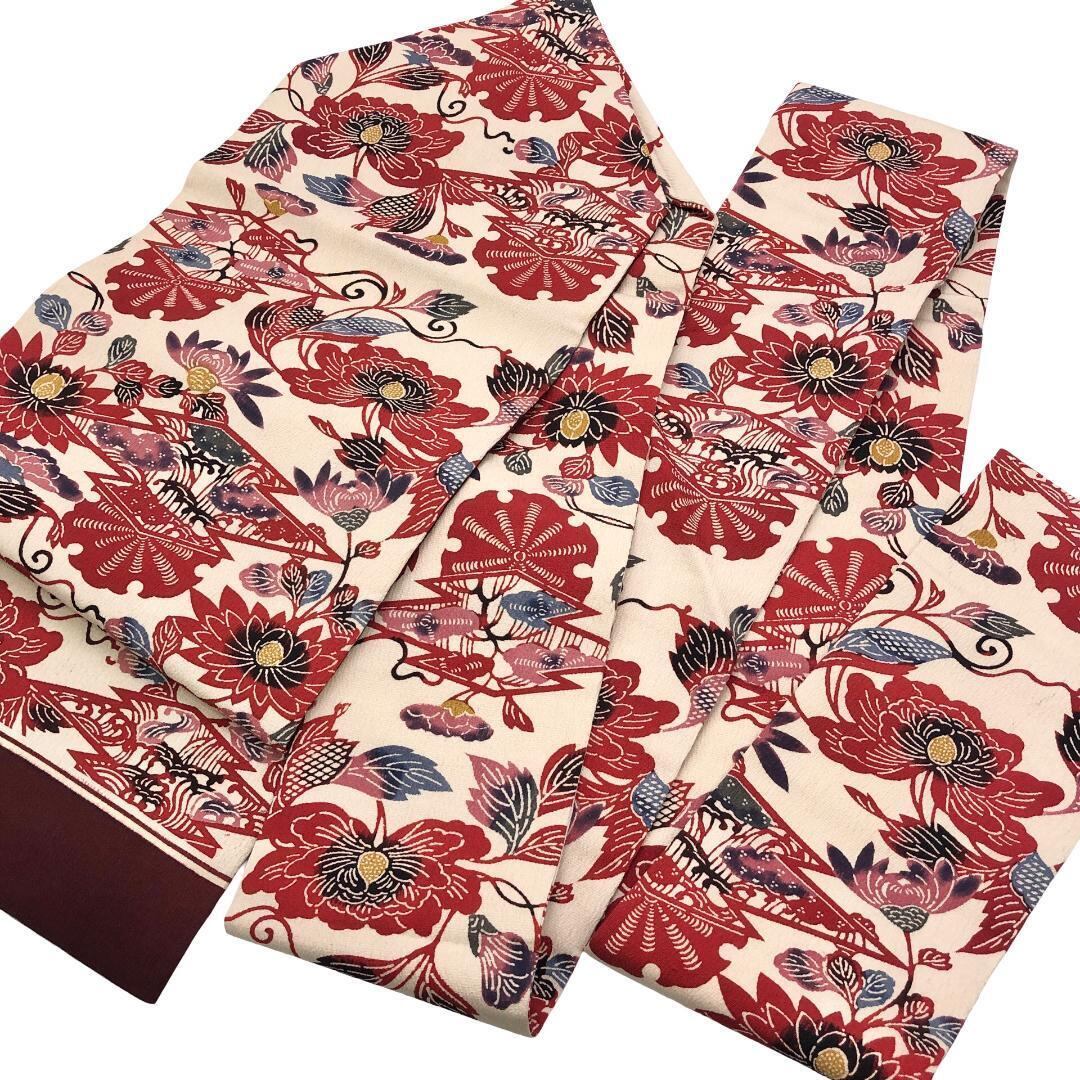 名古屋帯 型染 松皮菱 花模様 生成色 縮緬 O-5465 名古屋帯 型染 松皮菱 花模様 生成色 縮緬 O-5465 着物 きもの