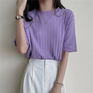 トップス レディース リブ リブ柄 ５分袖 カラバリ カラバリ豊富 ラウンドネック ワンサイズ フリーサイズ 大人 大人可愛い おしゃれ デート 10代 20代 30代 40代 50代 きれいめ 通勤 ビジネス 通学 日常 お出かけ 旅行 ブラック ブルー パープル アプリコット ホワイト ピンク オレンジ グリーン ８色 ストレート 涼し気 サマーニット 韓国 韓国ファッション オルチャンス タイル 送料無料