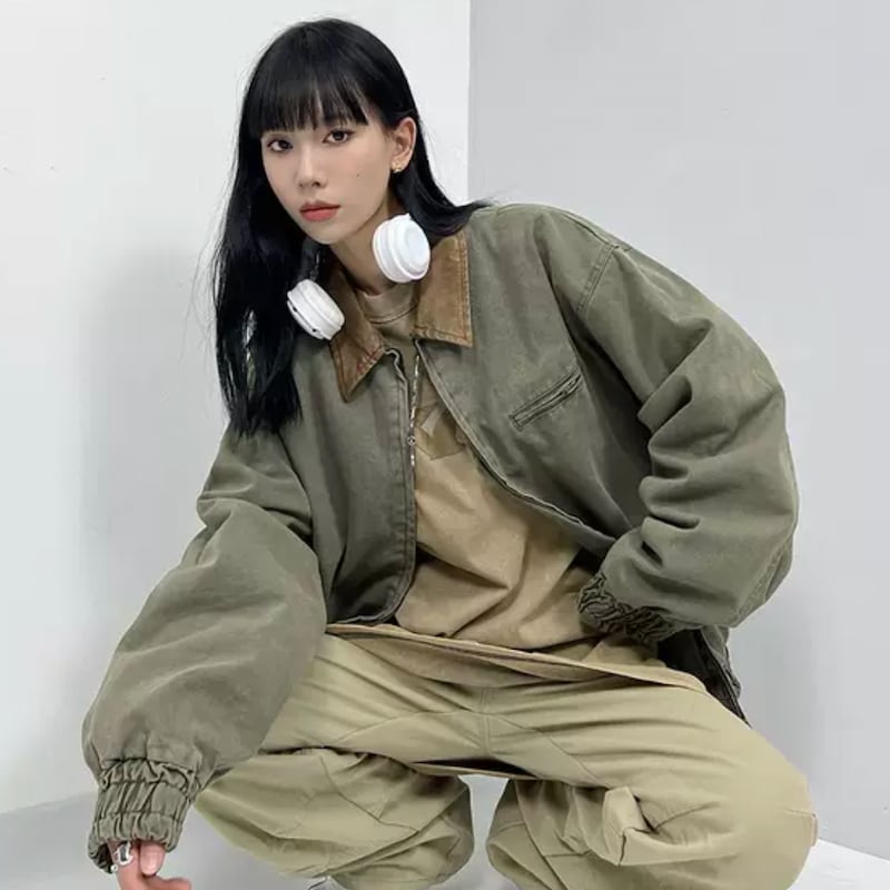 古着っぽ フライトジャケット でこなれストリート アメリカン レトロ ユニセックス 韓国ストリート 韓国っぽ ショート ジャケット ヴィンテージ メンズライク カジュアル ルーズ ウォッシュド Lamitte Deco トレンド 韓国ファッション ショップ Base店