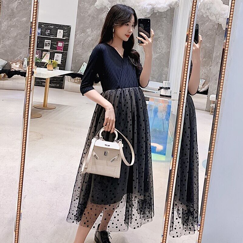 【新作】【送料無料】 マタニティ服ルーズスタイリッシュVネックガーゼパッチワークスリミングドレス妊婦ミドルロングAラインママドレス AL expec331804002737