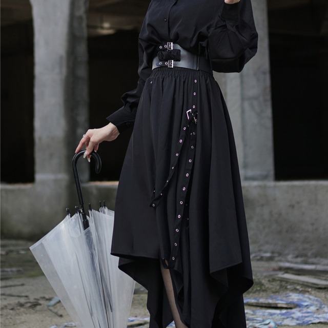 天使と悪魔 アシンメトリー ロングスカート ハイウエスト ストラップベルト ゴシック 病み可愛い かっこいい ストリート系 地雷系 バンギャ 10代 代 天使と悪魔 サブカル系ファッション Seasonz