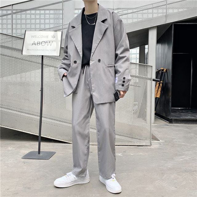 【予約販売】メンズ セットアップ カジュアル 無地 きれいめ ブラック グレー ジャケット ジョガーパンツ セット 春 パーティ 二次会 同窓会 結婚式 韓国 トレンド L/XL/2XL/3XL