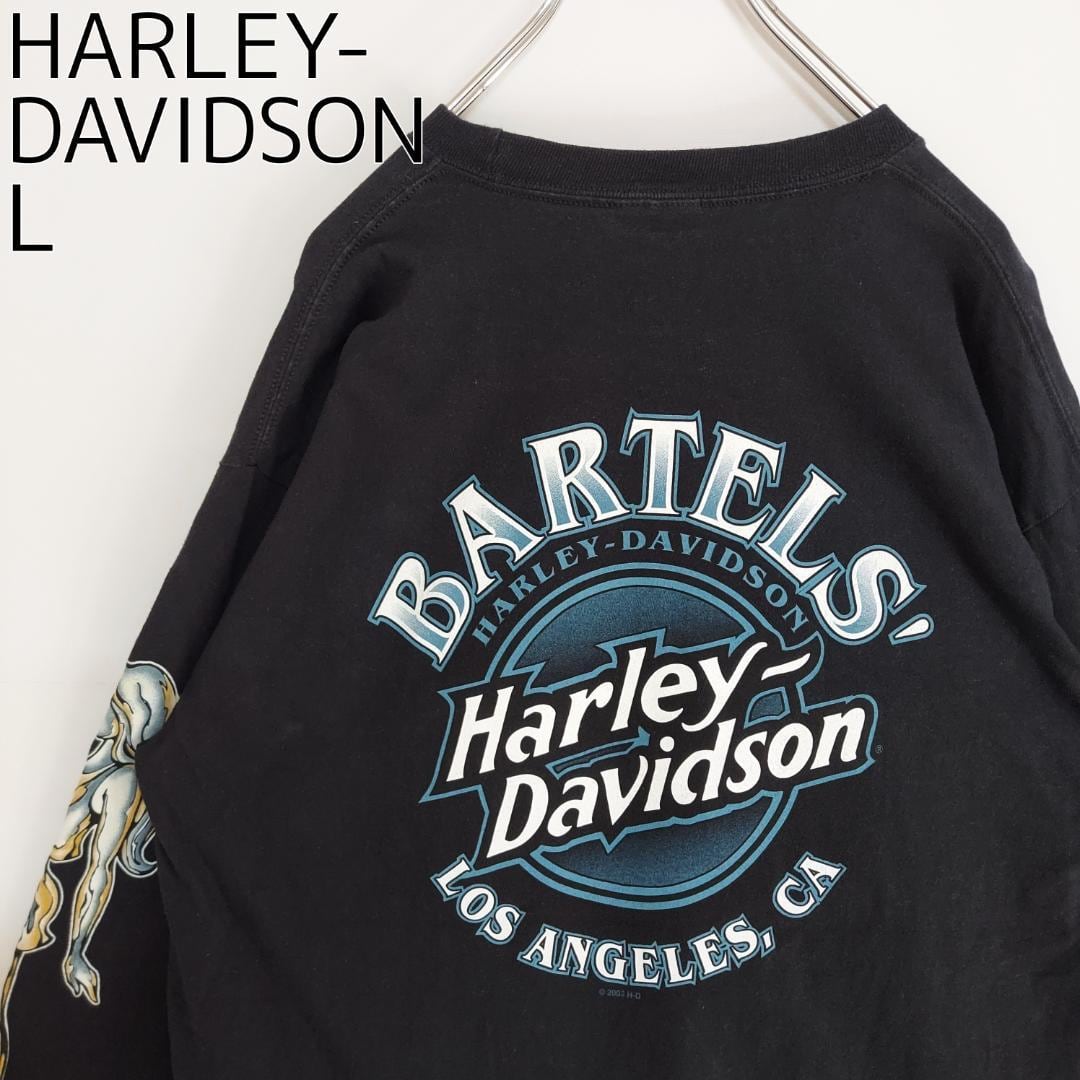 ハーレーダビッドソン プリントTシャツ ロンT ロサンゼルス 黒 白 青 ロゴ