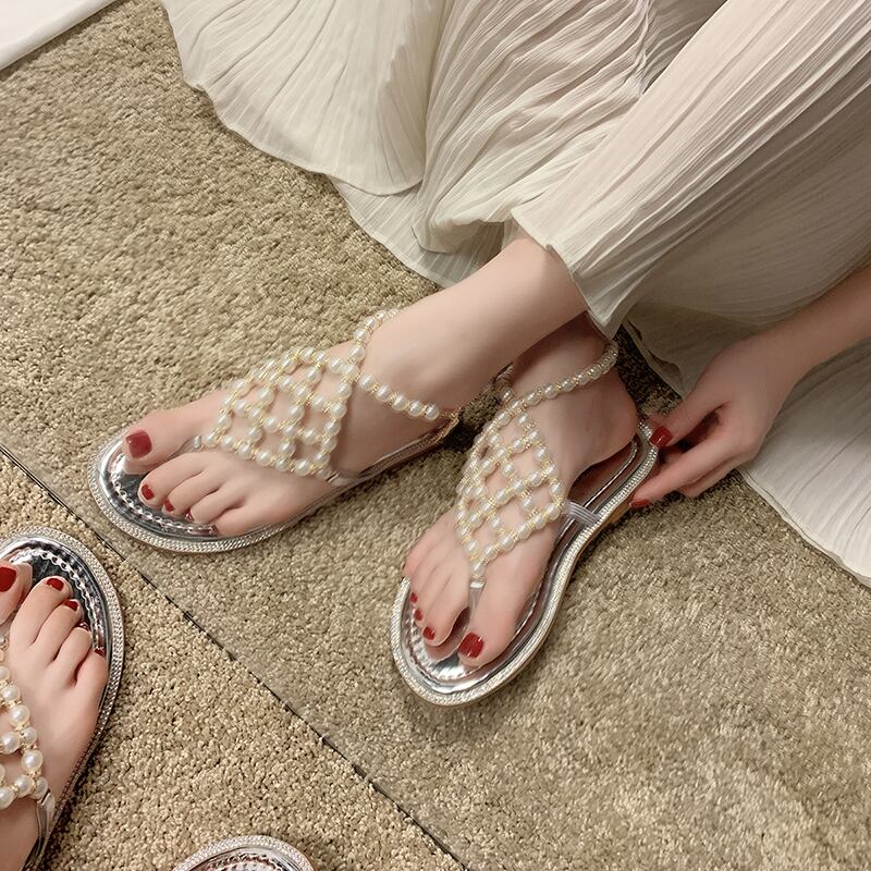 女性の妖精風2020夏の真珠のファッションの野生のネット赤いフラットつま先のクリップのローマの靴の夏の新しいバージョンのサンダル 部族の婦人靴7587297