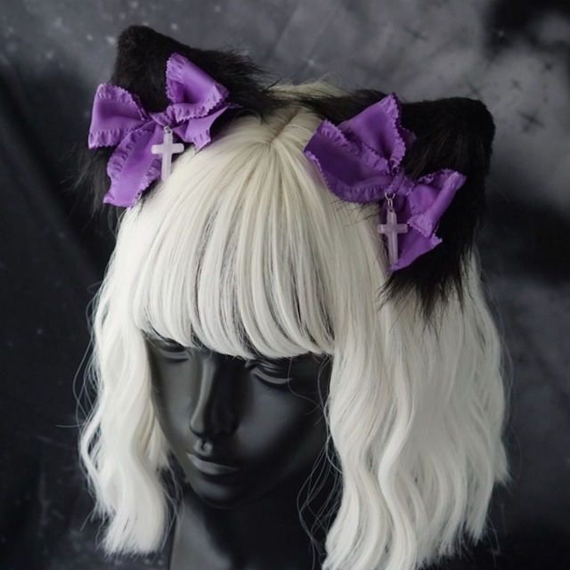 キャットイヤーパープルリボンクロスヘアアクセ（lli_993）