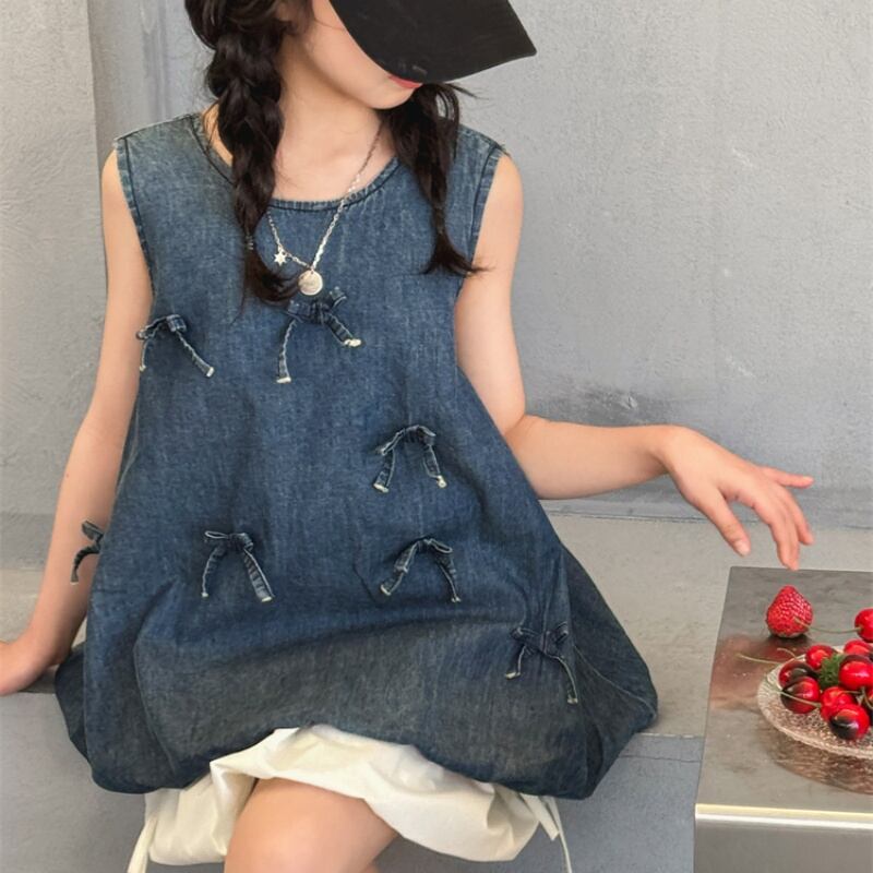 女児用 超薄デニム リボン付き花苞スカートワンピース2025年新作