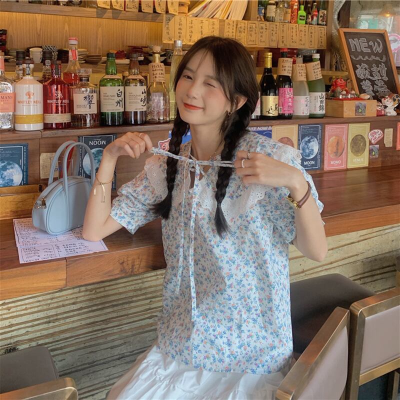 スタイルレースフローラルシャツ サマーブラウス 夏物 花柄 レースアップ 萌量不足24505782826