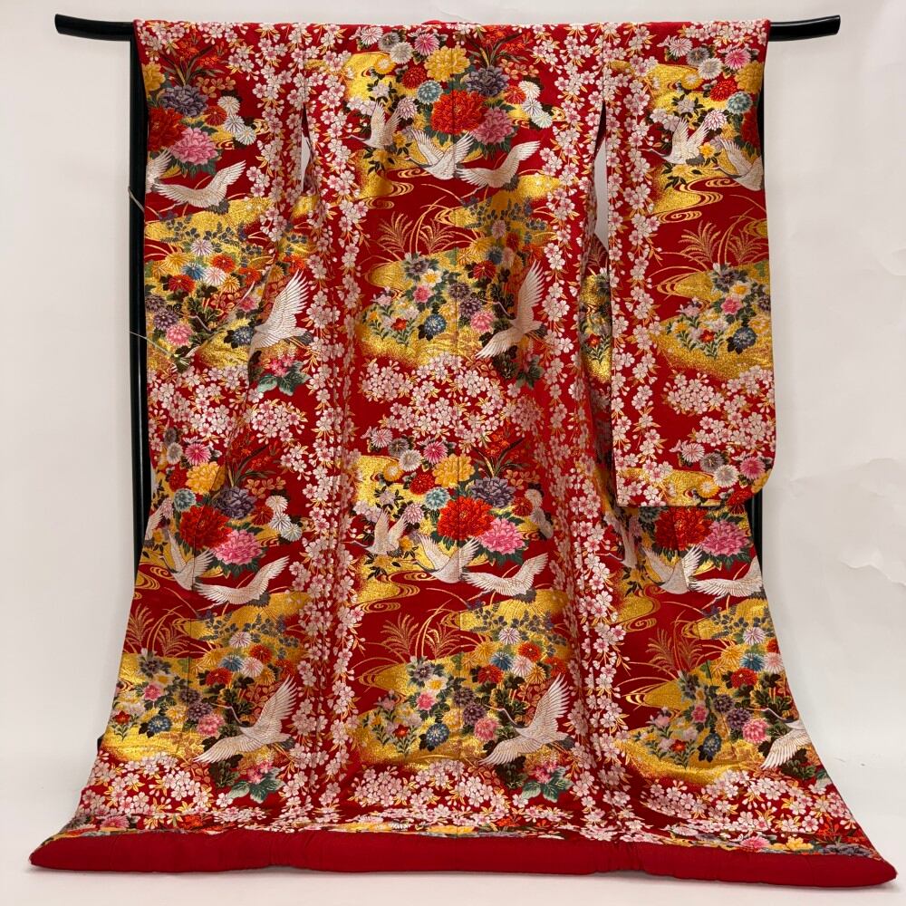 色打掛 正絹 刺繍 赤 打掛 花嫁衣裳 ポリエステル リサイクル 中古 ブライダル ウエディング 6665