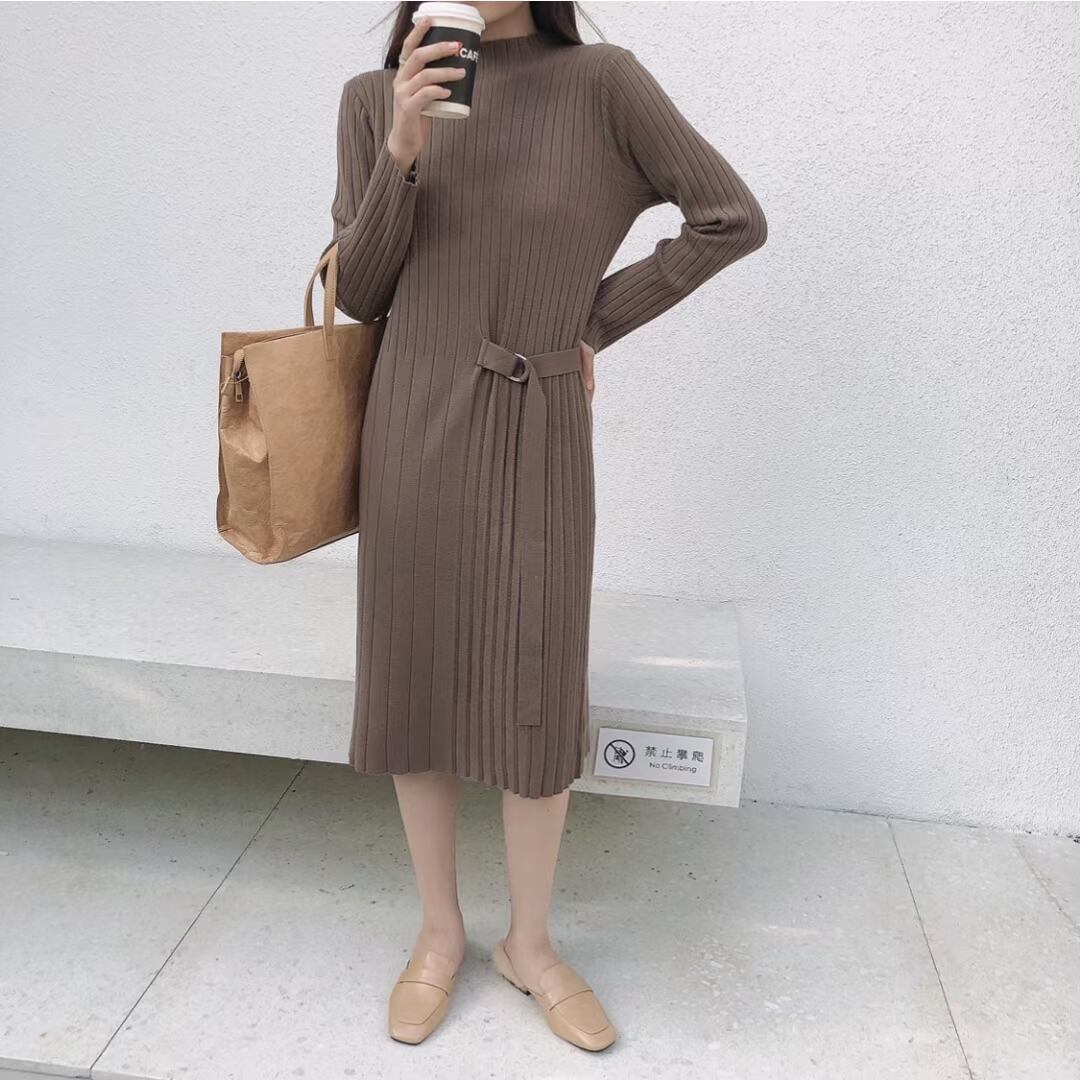 ベルトアクセント　リブプリーツ ニットワンピース　AJ1050-D009