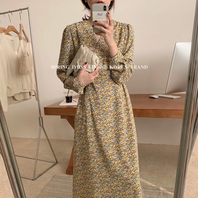 クロスVネックフローラルスカート ドレス スプリングレディース ロング 春物 花柄 ビッグFスモールZ韓国28125215089