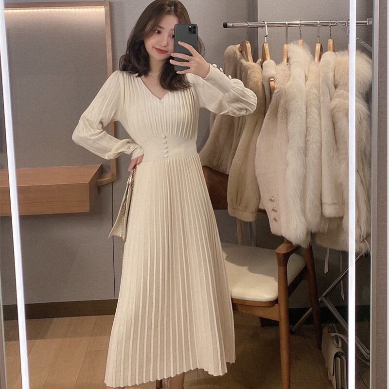 【新作】【送料無料】 2023 秋冬の新スタイル日本と韓国のファッション女性の V ネック軽くて成熟したスタイルのニットボトムドレス 5142 034037154753