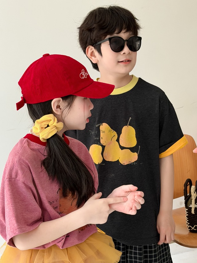 【KID】洋梨プリント配色クルーネック半袖Tシャツ - 20