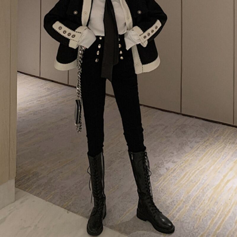 ハイウェスト薄手ストレッチブラックパンツ オータムウィンターロング エラスティック 伸縮 秋物 冬物 YY-ファッション29219351559