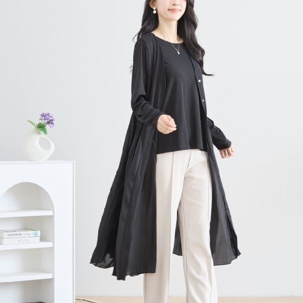 ロングカーディガン 切替フレアー シフォン 軽やか 羽織り 透け感 きれいめ フレア ロング丈 ゆったり きれいめ 大人可愛い C02-168 TRUBE L LL エレガント fmsd レディース 半袖 大人フェミニン 大人可愛い