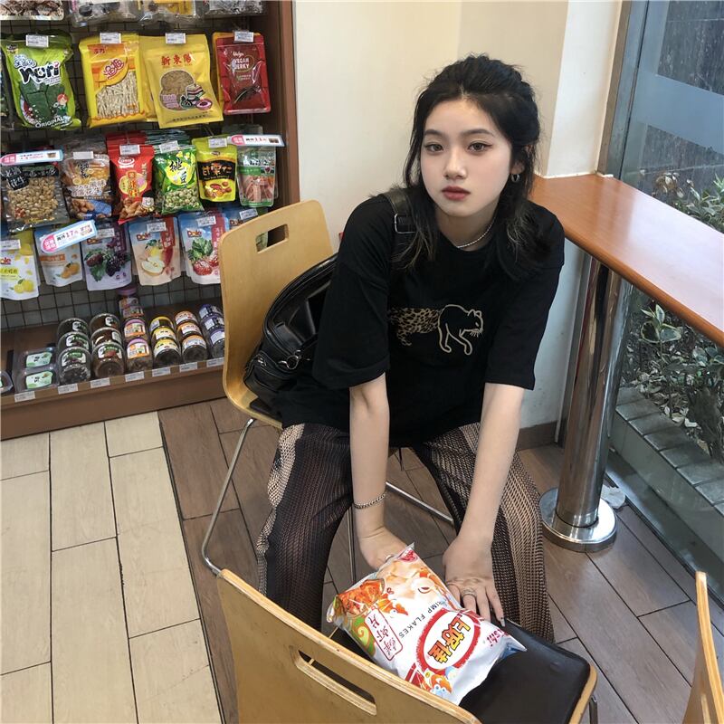 ルーズカジュアルレオパードプリント柄Tシャツ サマートップス 夏物 モンロー58704119139