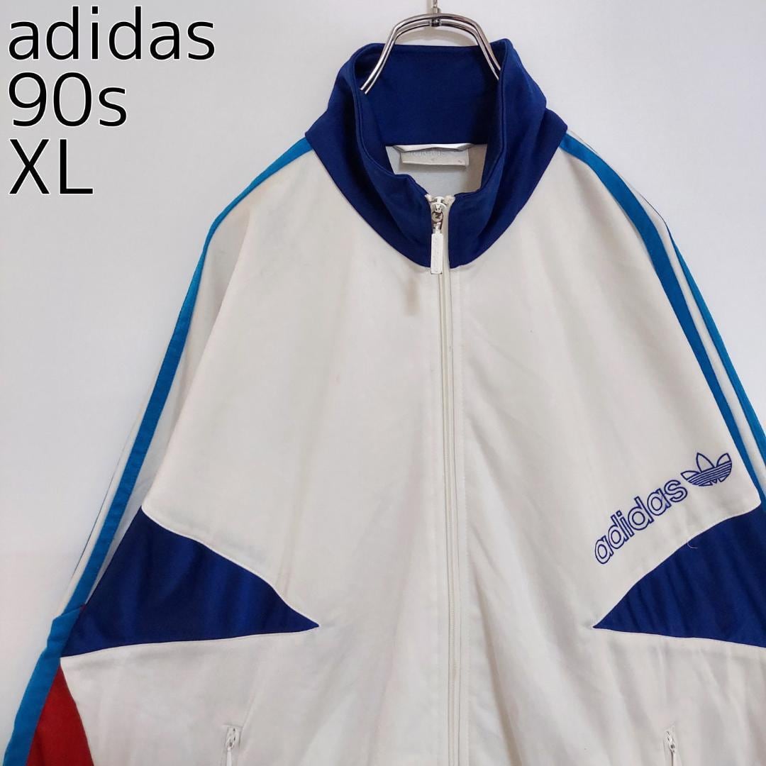 アディダス トラックジャケット  白ホワイト青赤 刺繍ワンポイント