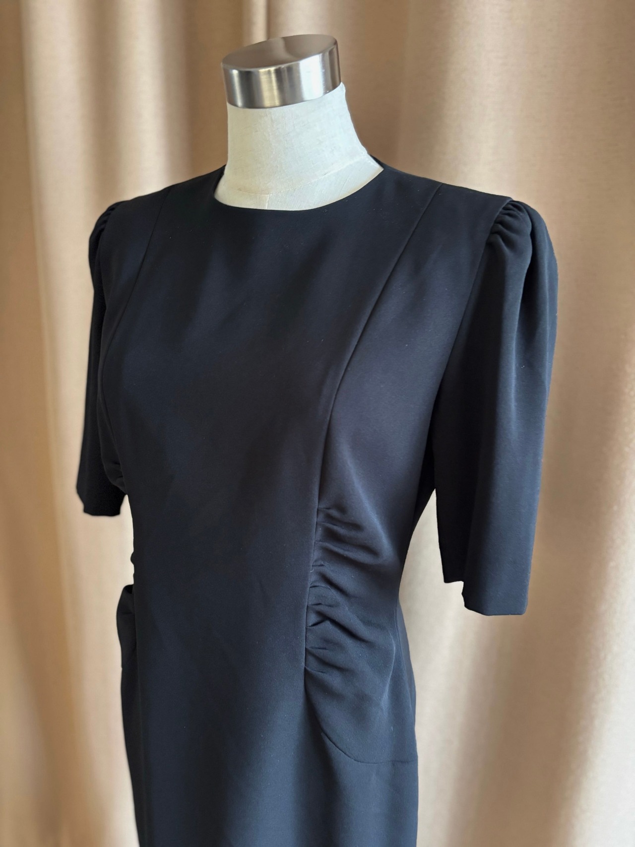 power shoulder black gather dress-4644-4