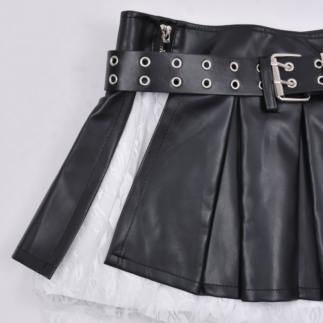 2点セット☆ベルト付き レースレイヤードレザースカート