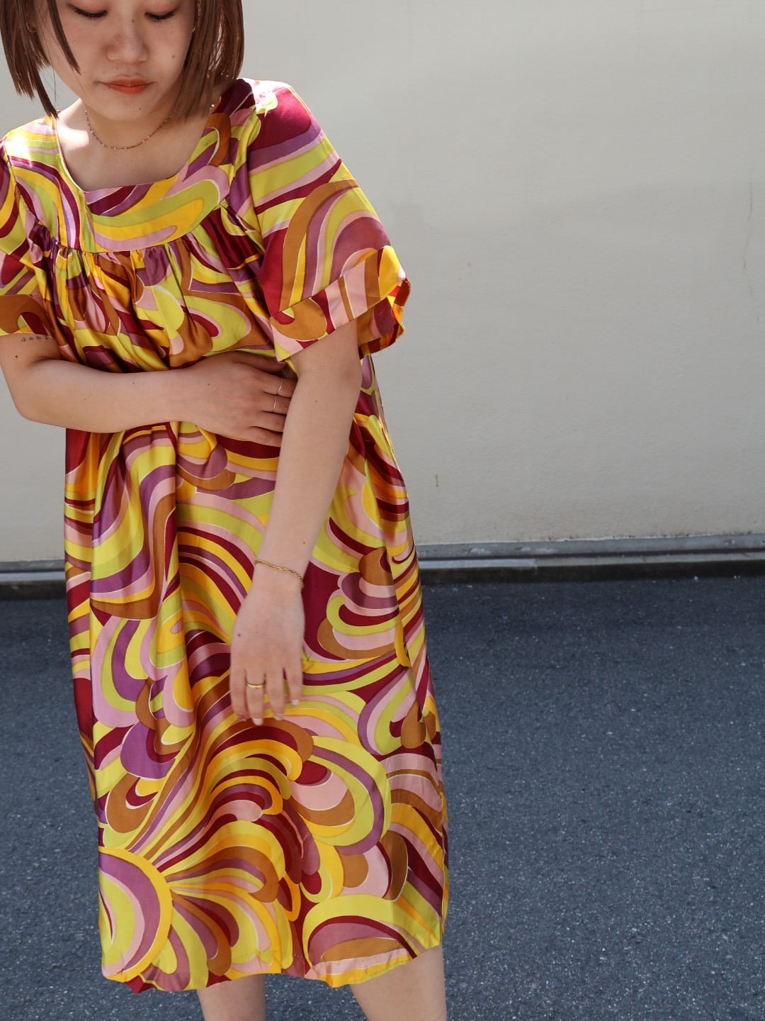 70s satin marble middle dress【1775】