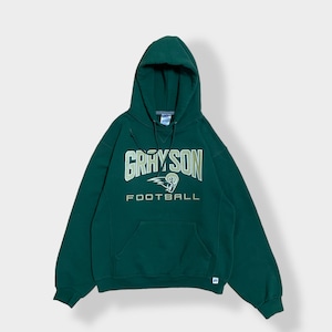 【Russell】グレイソン高校 フットボール アメフト部GRAYSON FOOTBALL ロゴ バックプリント ナンバリング パーカー スウェット フーディー hoodie M ディープグリーン  us古着