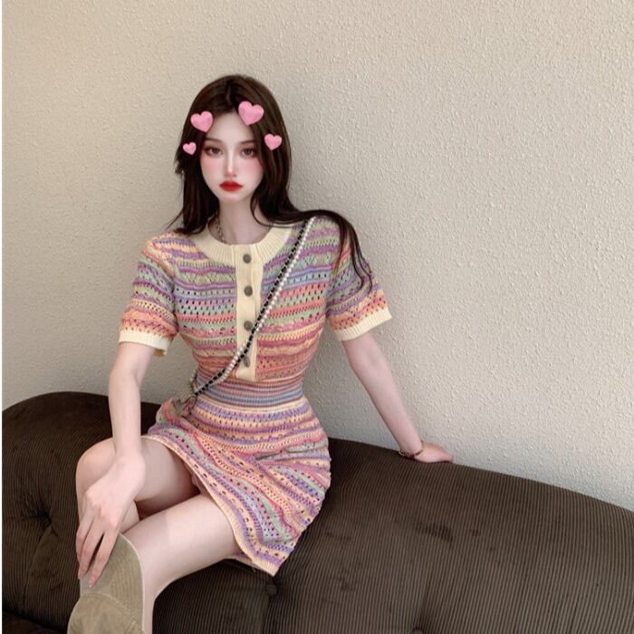 ウェスト薄手ストライプニットドレス サマー 夏物 ドラファッションホール40173824486