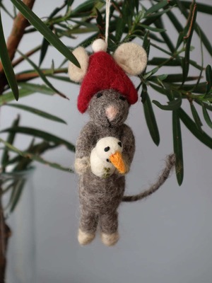 クリスマス オーナメント 雪だるまと灰色のネズミ / Grey Mouse with Snowman