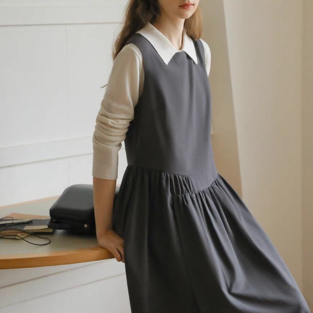 アシンメトリーギャザー切り替えジャンパースカート　　0984