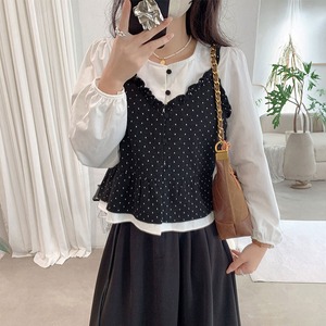 重ね着風 ビスチェ ブラウス 長袖 レディース 春秋 韓国 レイヤード きれいめ 大人 かわいい カジュアル ドット柄 シャツ シャツブラウス 大人可愛い 大人女子