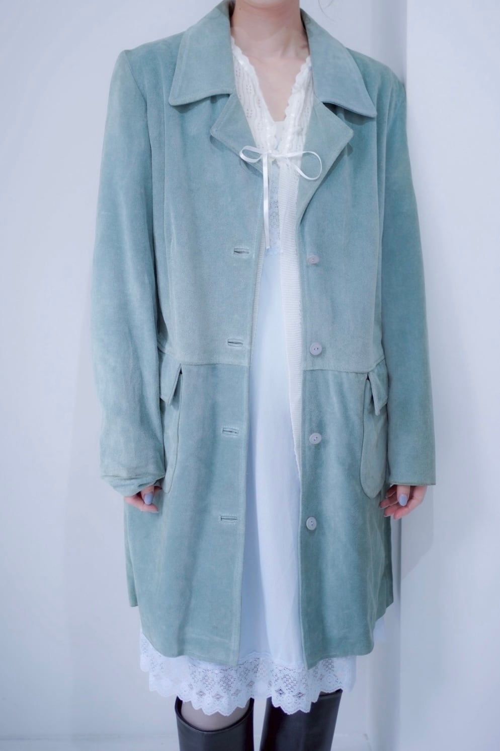 mint blue suède leather coat