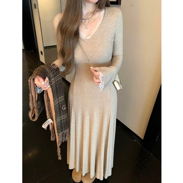 全3色/Lace trim knit long dress　B718