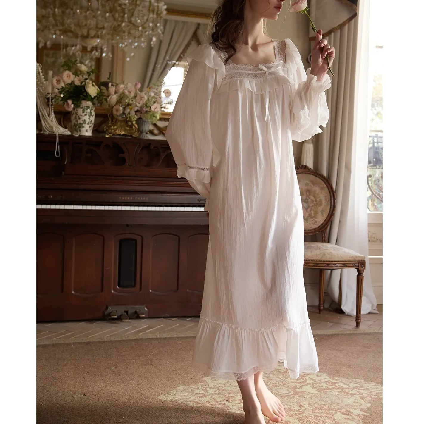 【2COLOR】【XS-XL】square-neck frill lace room wear p1753