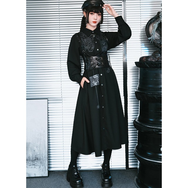 地雷系 中華ゴシック シャツワンピ 刺繍 中華風 ロング丈 古怪舎 パッチワーク風