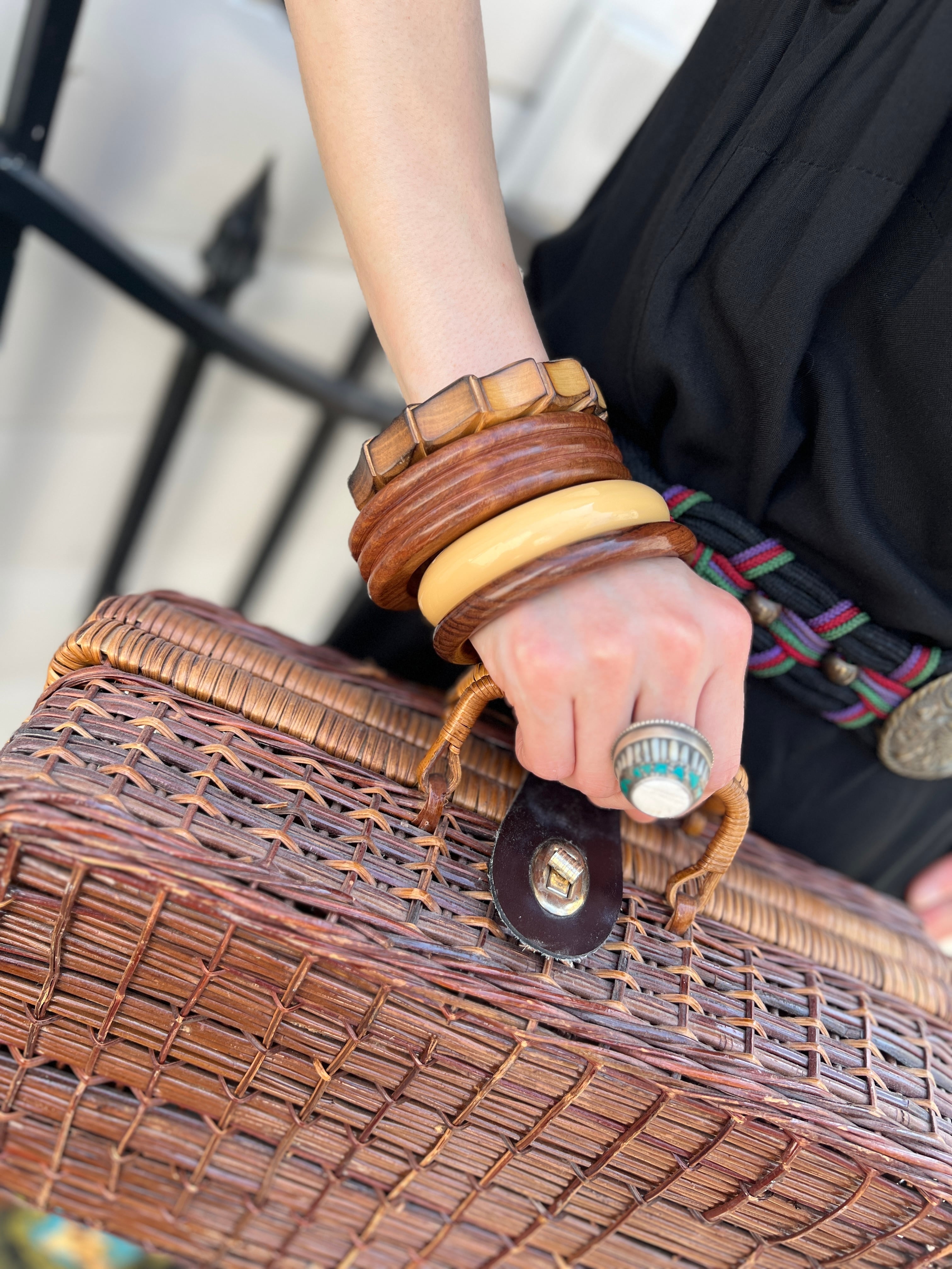 新品美品★籐・ラタン製★トランク風カバン★レトロ・アンティーク★希少品 Vintage brown rattan × leather bag ( ヴィンテージ ブラウン