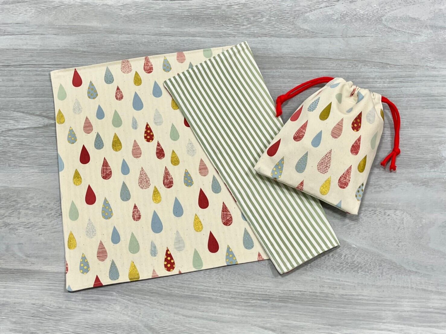 【45×35㎝】給食用ランチマット&巾着セット しずく柄 レッド