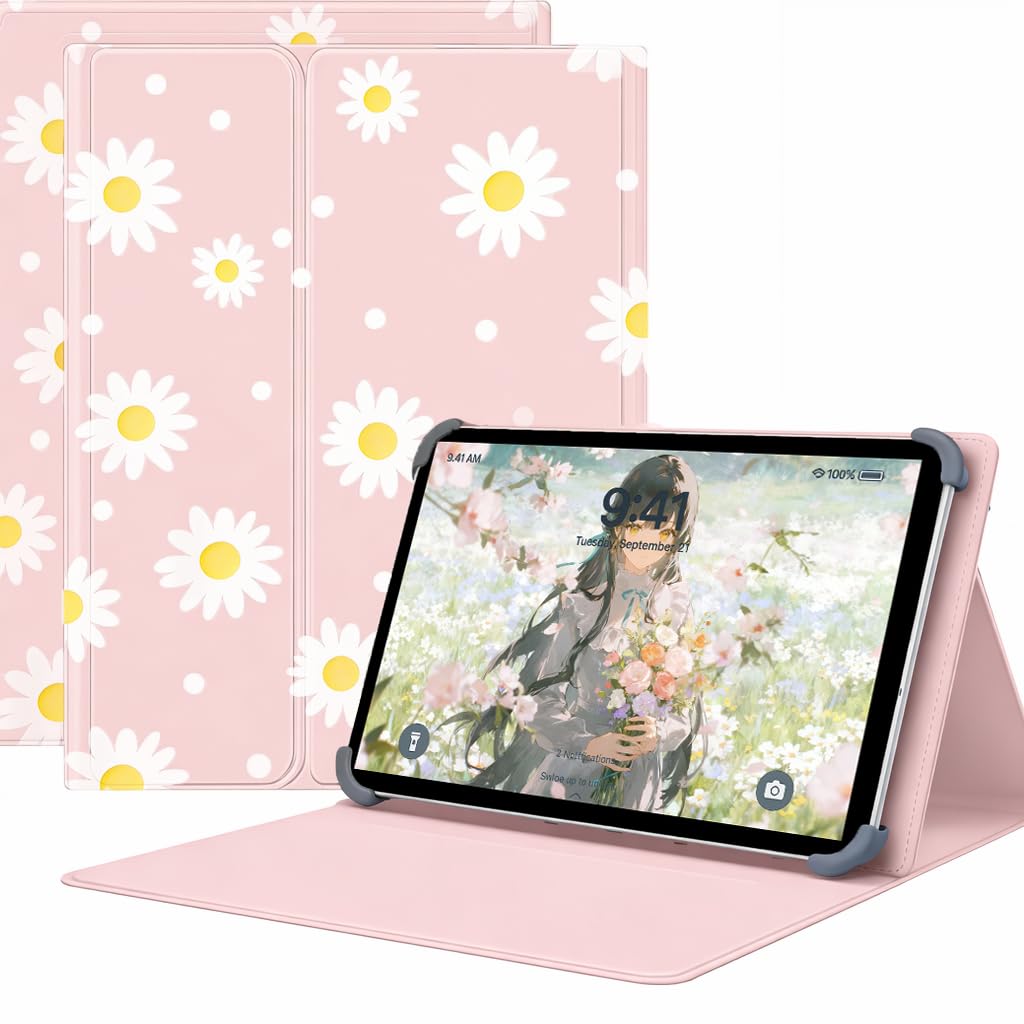 For スマイルゼミ スマイルタブレット4 (SZJ-JS203) ケース 9-11インチ タブレットケース マグネット着脱式 3段階スタンドスロット&視野角度調節 スタンド機能 四隅テンションクリップ固定 耐衝撃設計 PUレザー 高級PUレザー (フラワー柄, スマイルタブレット4)