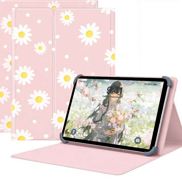 For スマイルゼミ スマイルタブレット4 (SZJ-JS203) ケース 9-11インチ タブレットケース マグネット着脱式 3段階スタンドスロット&視野角度調節 スタンド機能 四隅テンションクリップ固定 耐衝撃設計 PUレザー 高級PUレザー (フラワー柄, スマイルタブレット4)