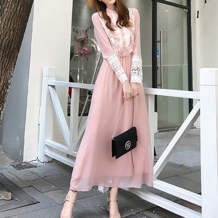 ピンクフリルロングドレスワンピース Op266 Mimipecher ミミペシェ