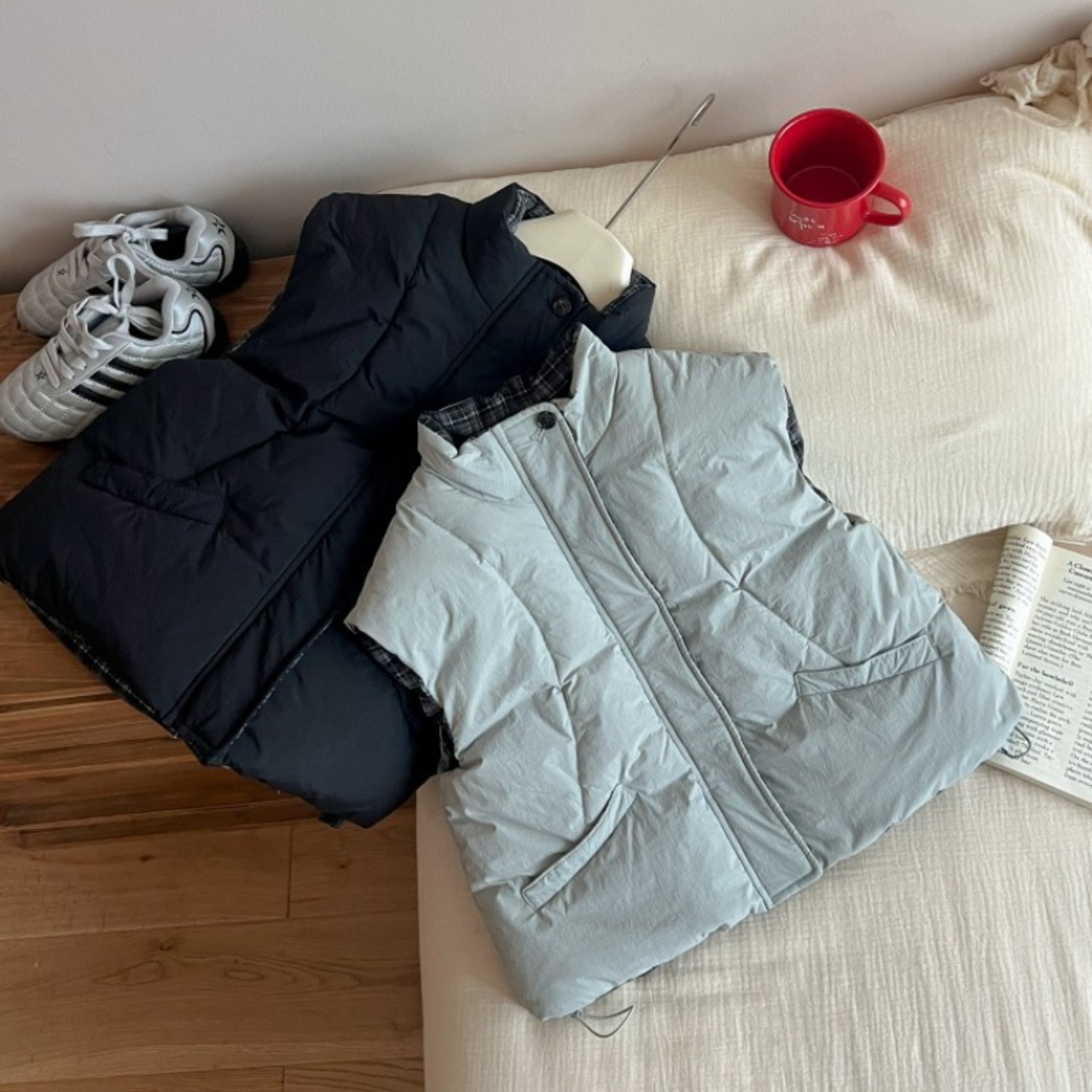 冬リバーシブルチェック中綿入りベスト