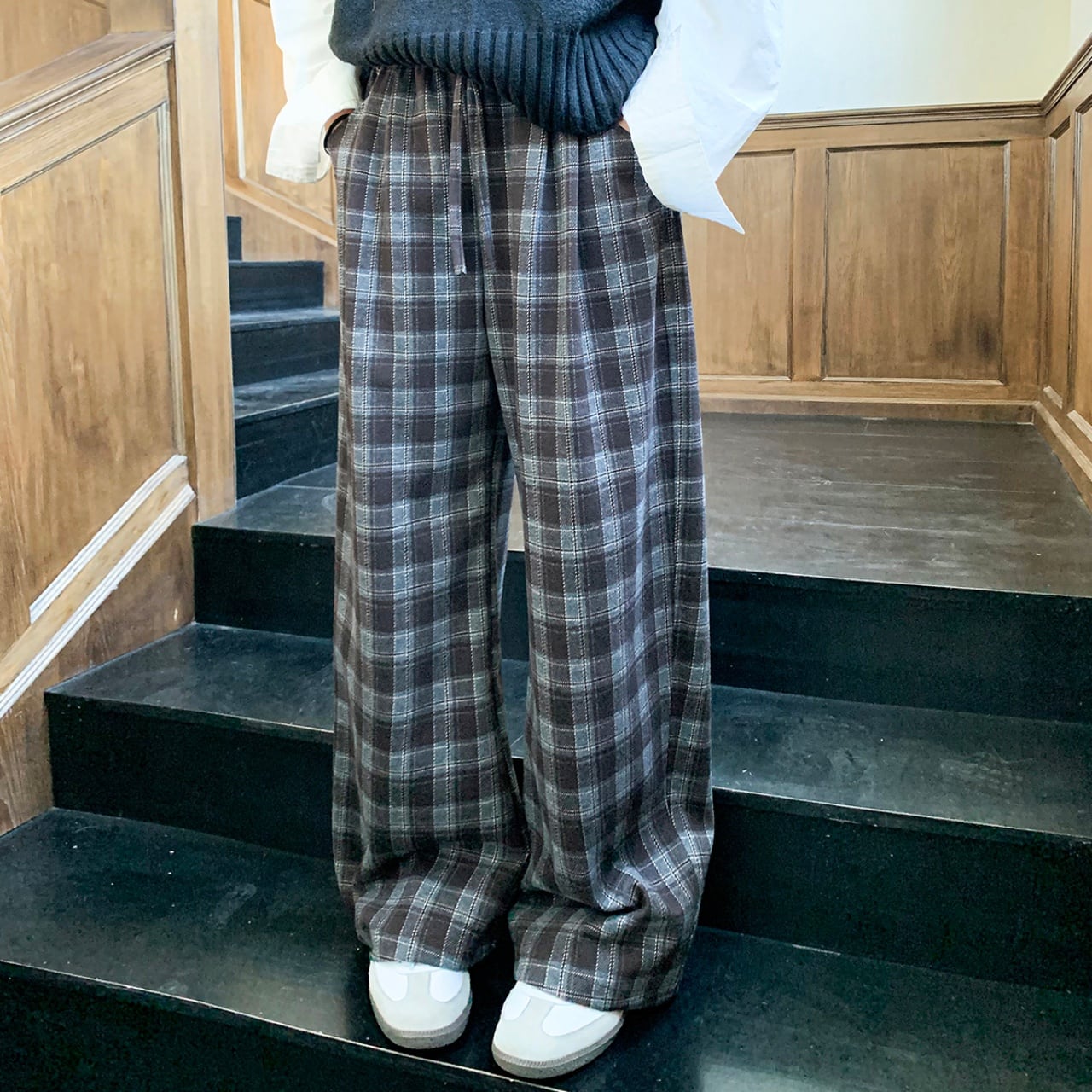 ウエストバンディングチェックフルレングスワイドパンツ A01833