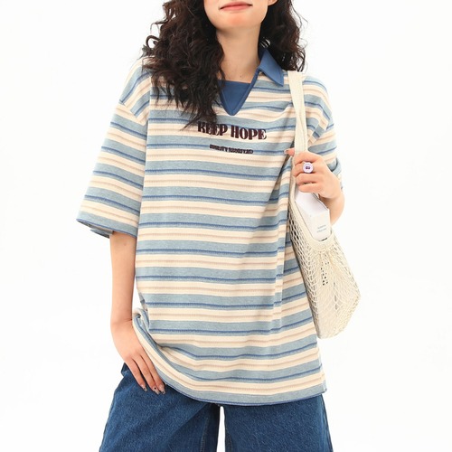multi-border short-sleeved polo tee　マルチボーダー半袖ポロティー　J1097