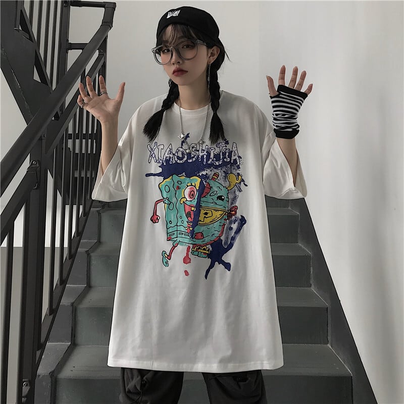 送料無料】KOREA ダークプリントルーズTシャツ トップス レディース